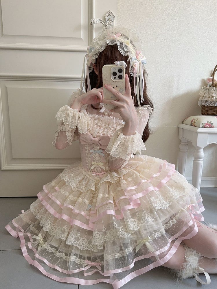 Pink Corset Waist Layered Tulle Skirt Princess Lolita JSK with Big Bow at Back
