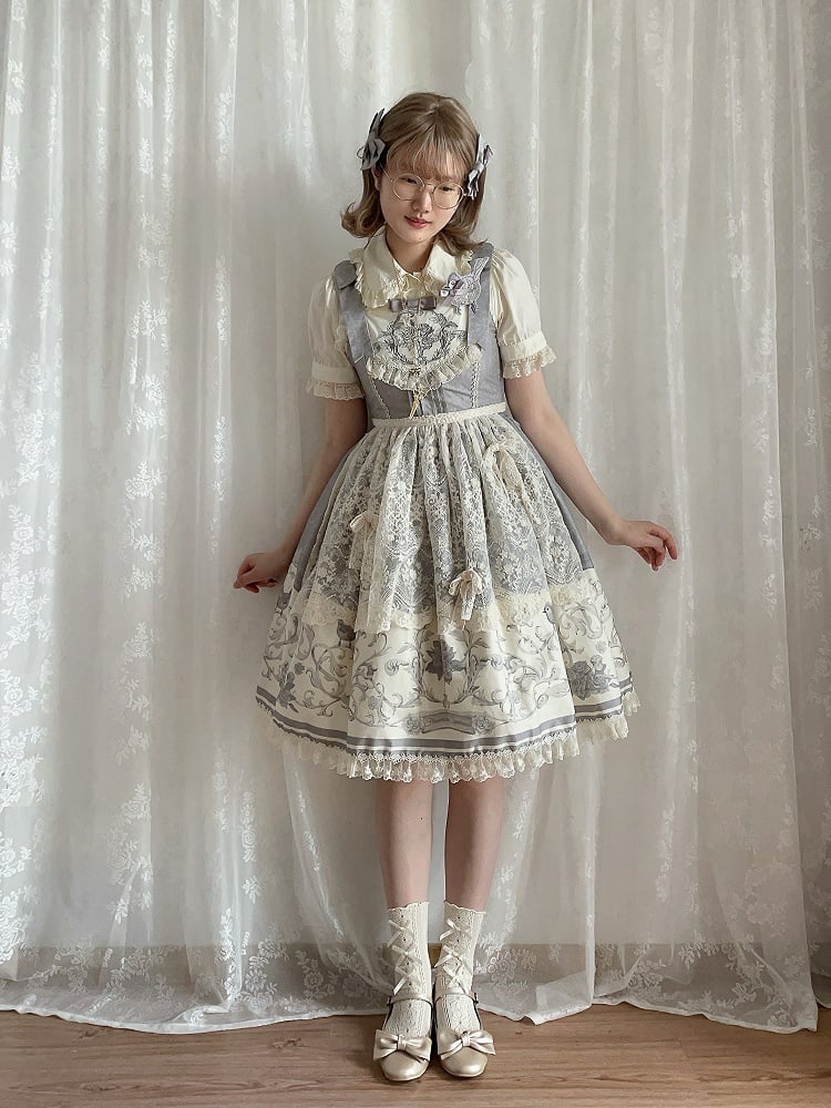 Gray Titmouse and Floral Print Lolita Jumper Skirt