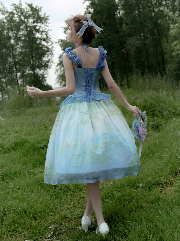 Sky Blue Flounce Hem Boned Corset Top with Detachable Floral Adornments