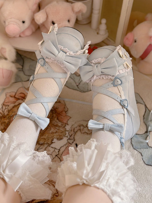 Blue Crisscross Design Bunny Ear Bowknot Sweet Lolita 6.5CM Platforms