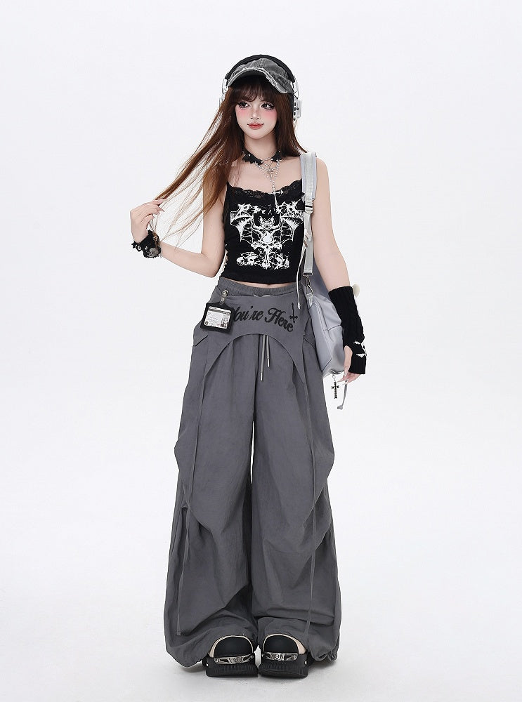 Gray Drawstring Waist Wasteland Punk Pants with Asymmetrical Waist Accessory