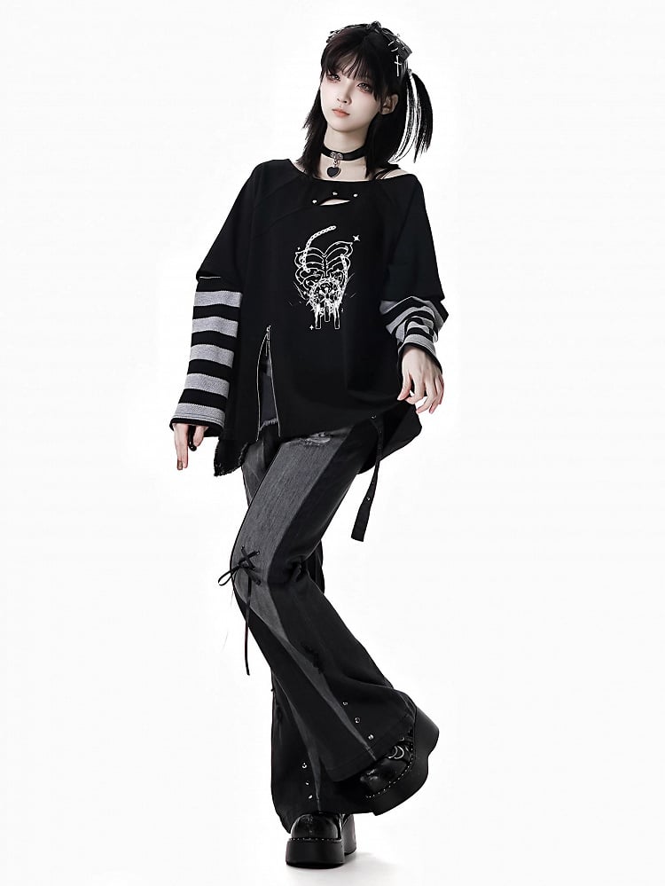 Black Distressed Holes Asymmetrical Waistline Flared Jeans