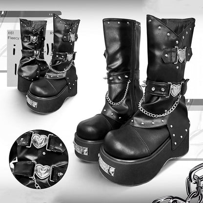 Punk Silver-tone Studs Black Gothic Platform Boots