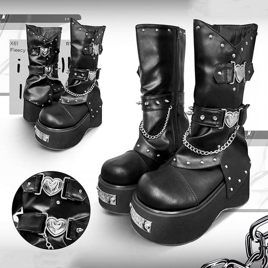 Punk Silver-tone Studs Black Gothic Platform Boots