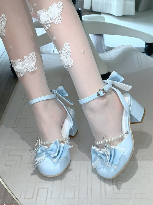 Bow Accents and Detachable Bead Chain Blue Sweet Lolita Mary Jane Shoes