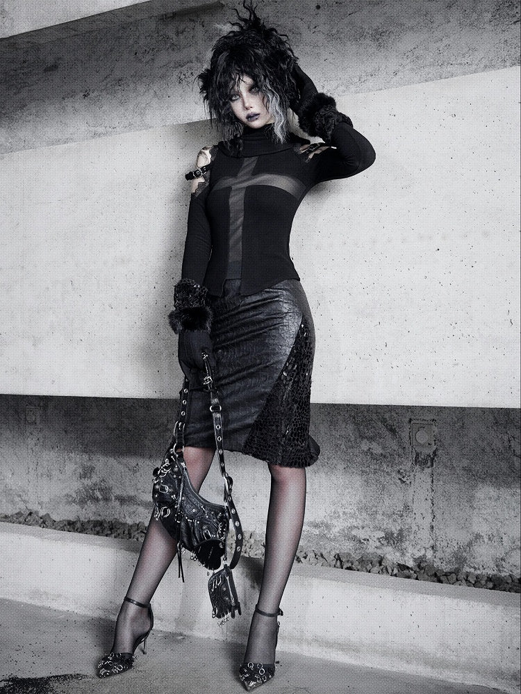 Black Cracked PU Leather Skirt Goth Office Lady A-line Skirt