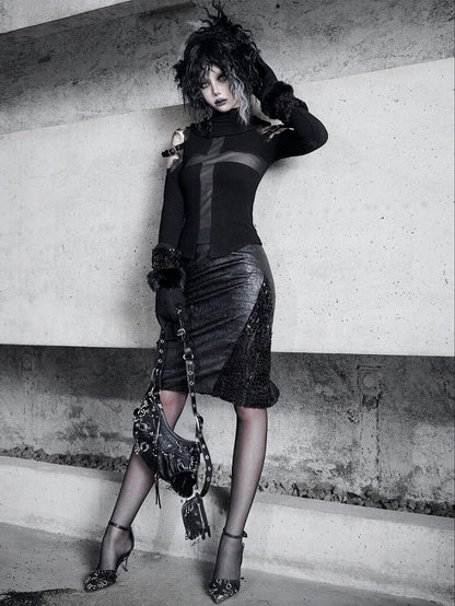 Black Cracked PU Leather Skirt Goth Office Lady A-line Skirt