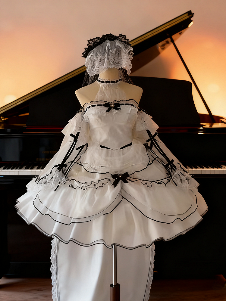 Plus Sizes White & Black Illusion Neckline Sweet Lolita Dress Short Version+Train+Head Veil+Detachable Sleeves Full Set