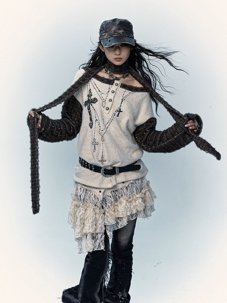 Off-the-shoulder Cross Embroidery Apricot Top with Scarf