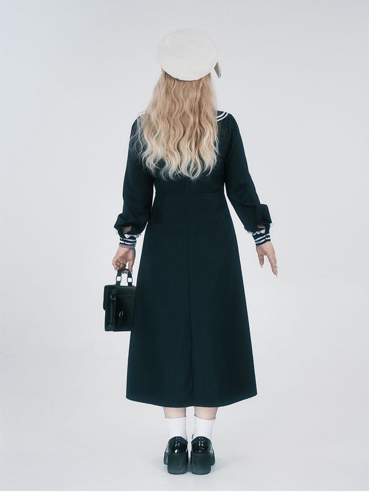 Plus Size JK Uniform Preppy Black Faux Two-Piece Midi Dress with Sailor Collar & Striped Accents