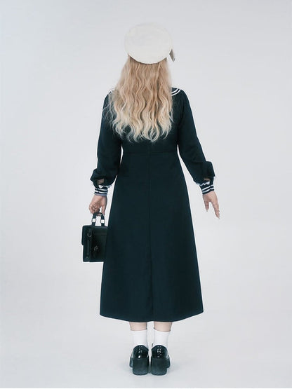 Plus Size JK Uniform Preppy Black Faux Two-Piece Midi Dress with Sailor Collar & Striped Accents