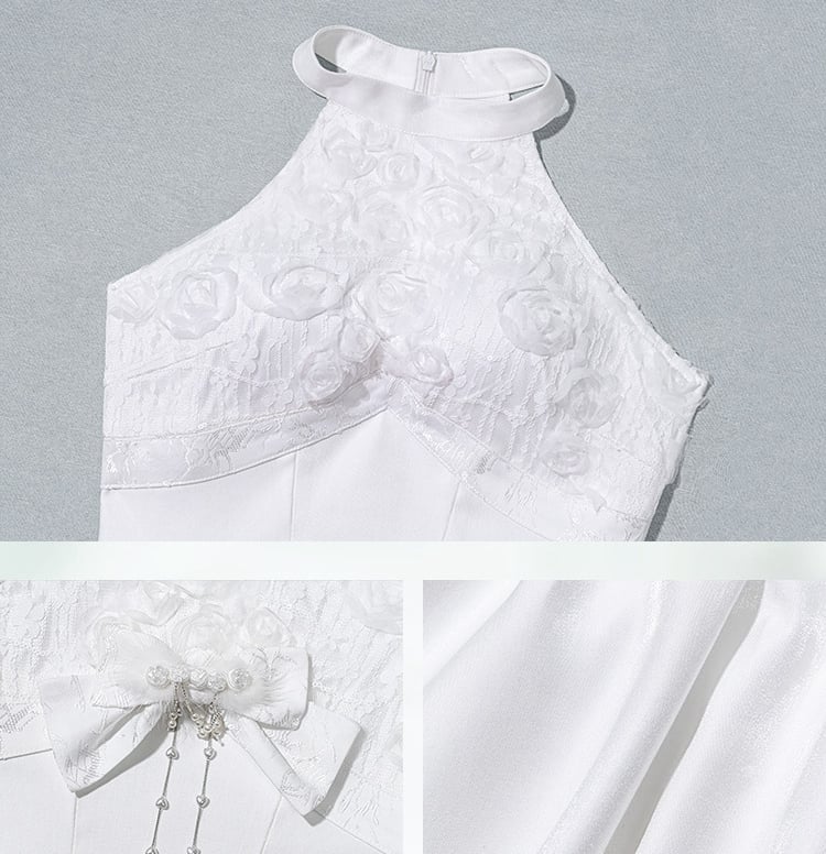 White Halter Neck Fairy Dress Structured Flowers Bodice