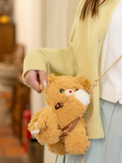 Dark Yellow Bear Plush Backpack Crossbody Bag + Plush Bear Backpack Keychain Small/Middle/Large Size