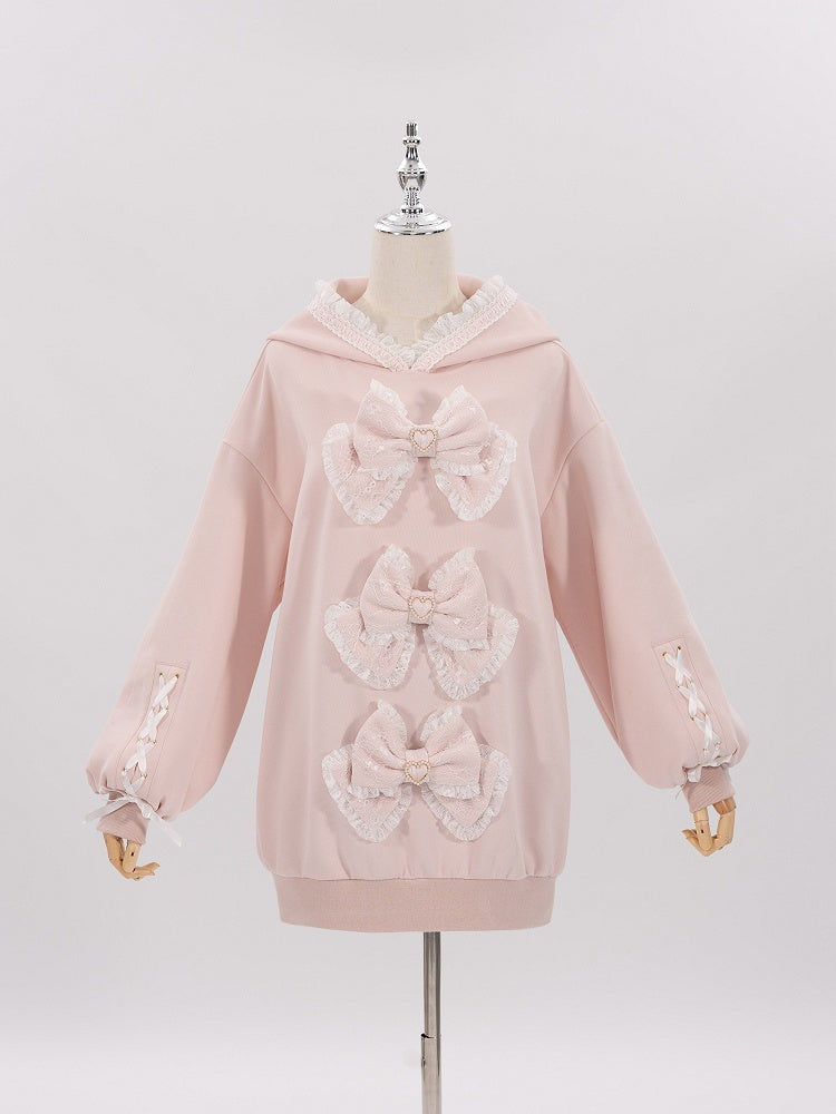 Sakura Pink Jirai Kei Sweet Lace Trim Bows Decorated Hoodie