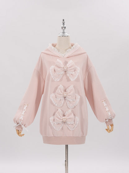 Sakura Pink Jirai Kei Sweet Lace Trim Bows Decorated Hoodie