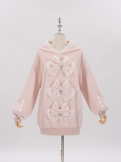 Sakura Pink Jirai Kei Sweet Lace Trim Bows Decorated Hoodie