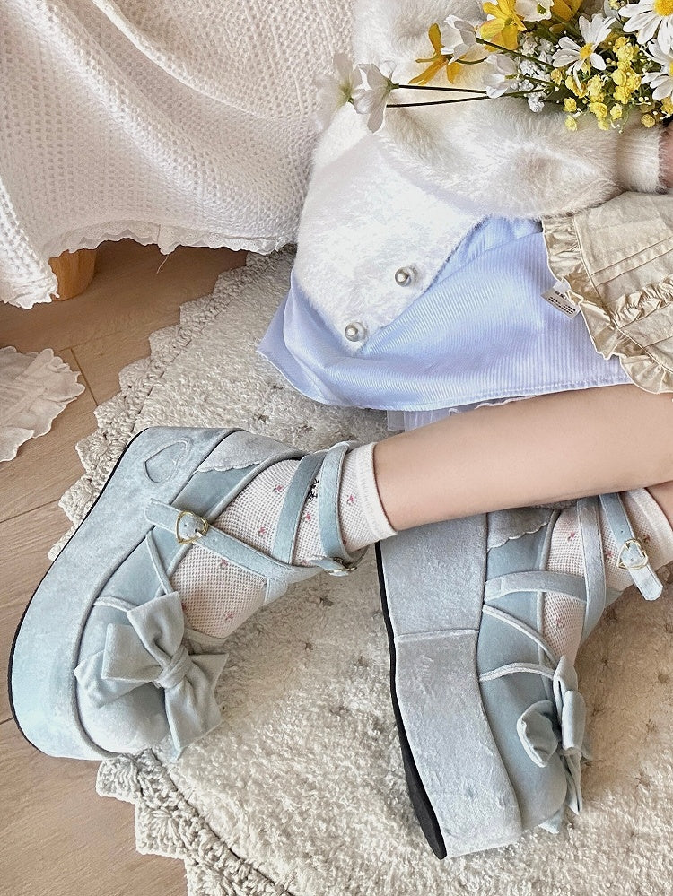 Platform Blue Sweet Mary Janes for Lolita with Bow Decor, Crossed Straps & Romantic Clasp