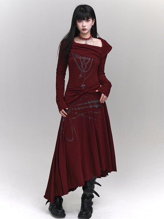 Wine Red Asymmetrical Neckline and Hem Twist Detail Cross Print Dress