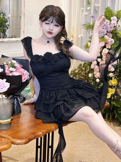 Plus Size Black Polka-dot Pattern Ruched Dress Summer Princess Dress