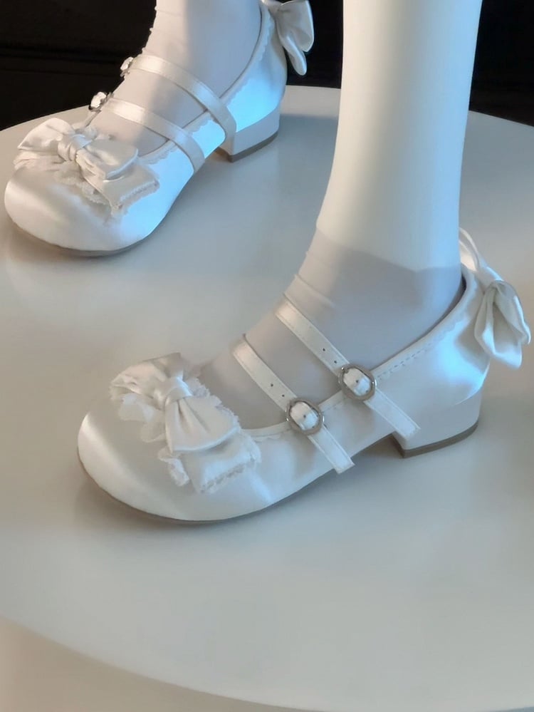 Satin-Finish PU White Sweet Lolita Mary Janes - Ruffled Lace with Bow & Double Buckles