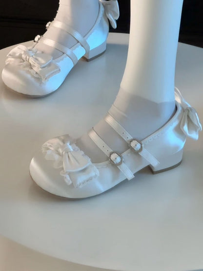 Satin-Finish PU White Sweet Lolita Mary Janes - Ruffled Lace with Bow & Double Buckles