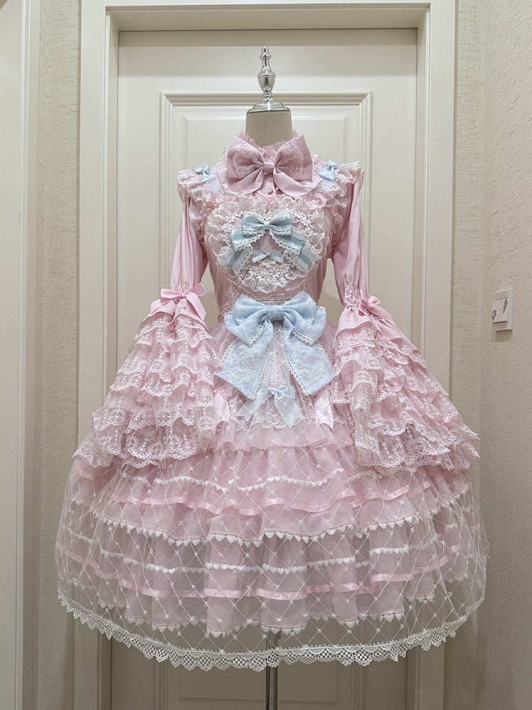 Pink Flower Applique Heart Bodice Overlay Hem Princess Lolita Jumper Skirt