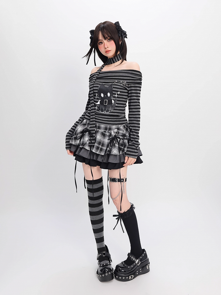 Bittersweet Kitten Print Off-the-shoulder Neckline Black and Gray Striped Top with Scarf