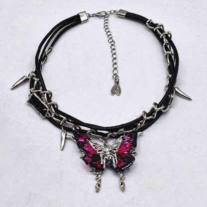 Rose Red/Dark Blue Butterfly Pendant Y2K Choker