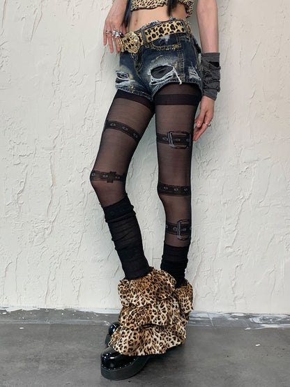 Black Punk Buckle Print Tights＋Leopard Print Leg Warmers Set