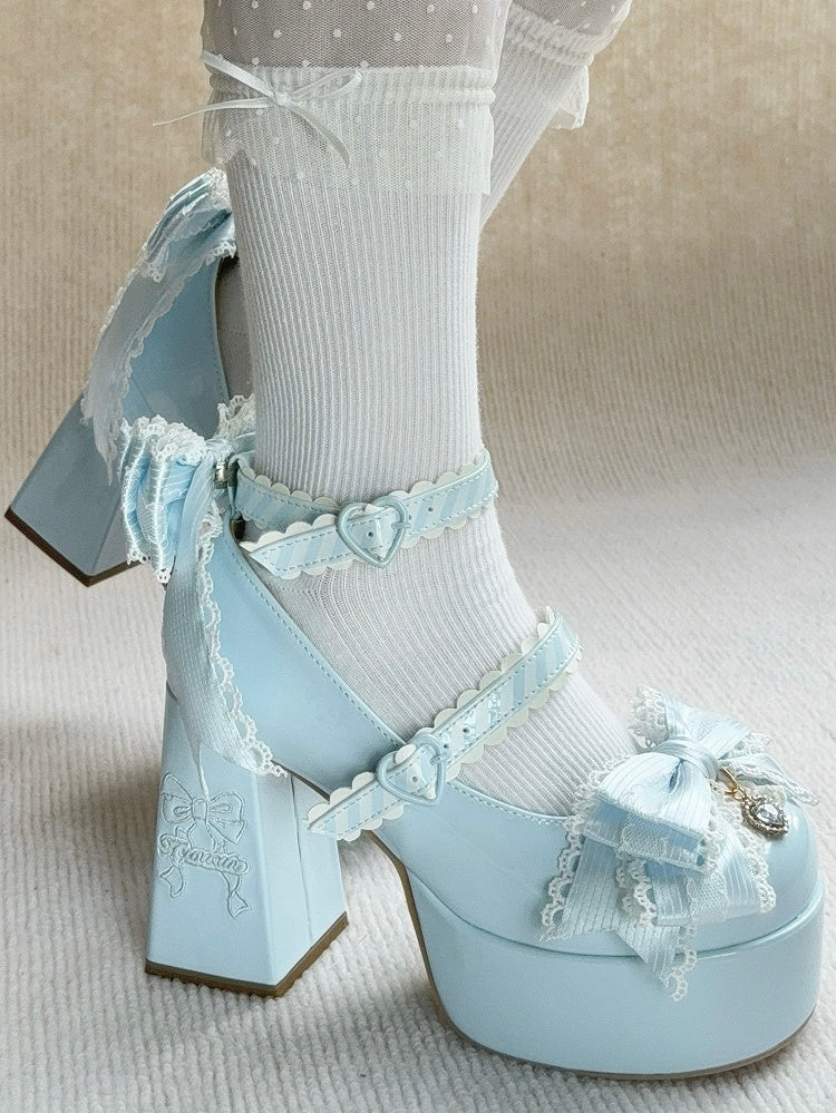 Platform Sophisticated Blue High Block Heels - PU Leather with Heel Stitching Bow, Sparkling Details & Striped Straps