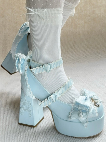 Platform Sophisticated Blue High Block Heels - PU Leather with Heel Stitching Bow, Sparkling Details & Striped Straps