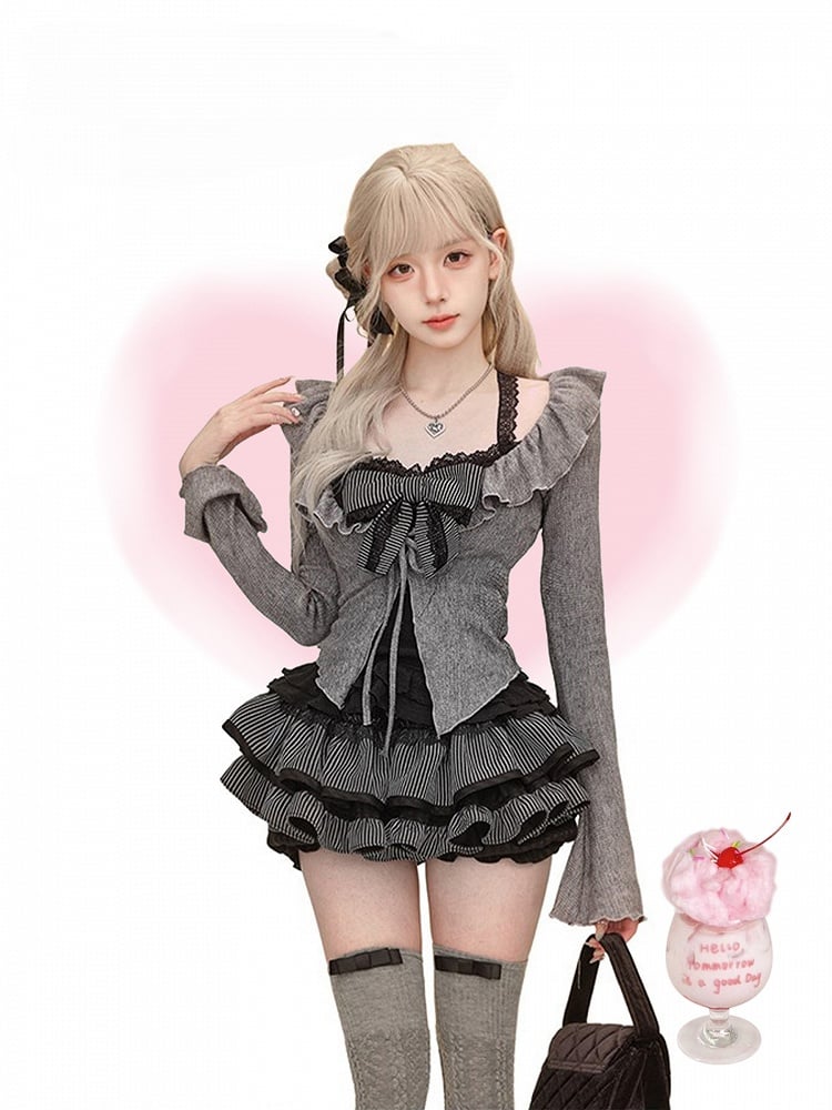 Gothic Black Lace Cami Top with Detachable Striped Bow