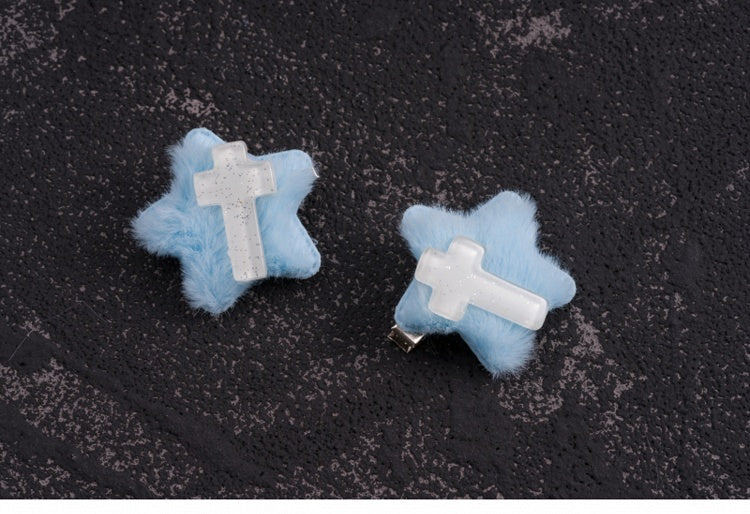 Crosses Decorated Blue Plush Star-shaped Hairclips