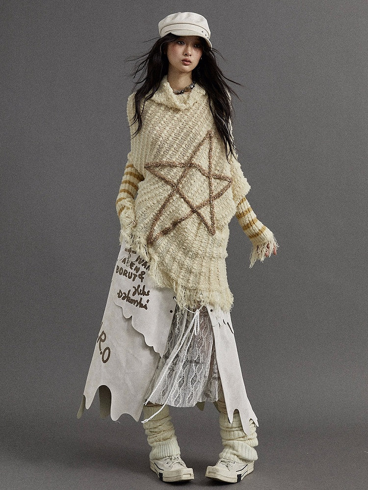 Light Yellow Vintage Punk Batwing Sleeves Loose Five-pointed Star Sweater