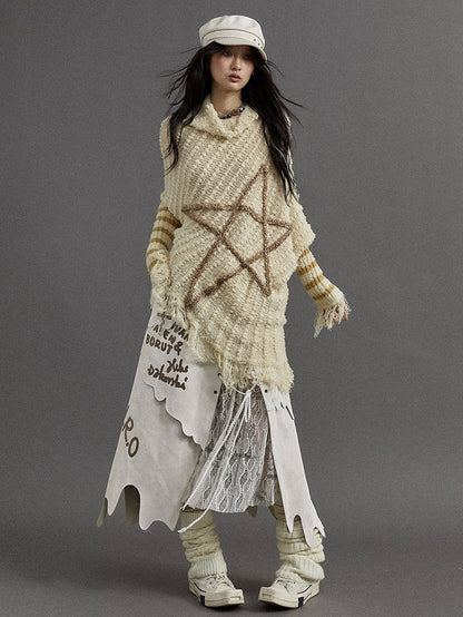 Light Yellow Vintage Punk Batwing Sleeves Loose Five-pointed Star Sweater
