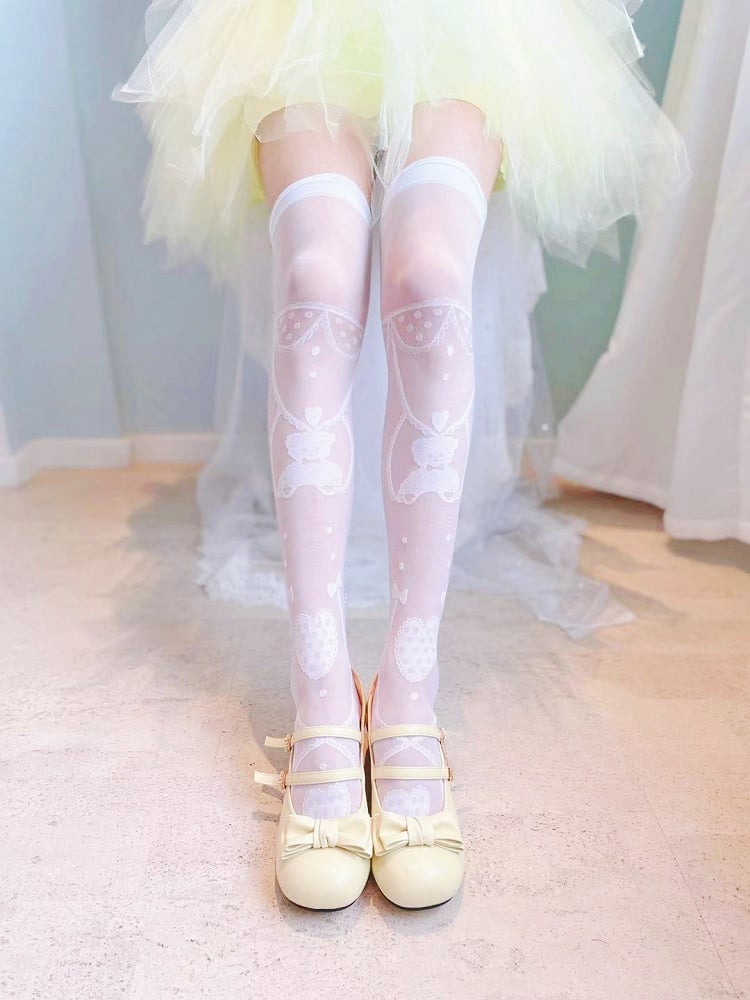 White/Black Teddy Bear and Heart Pattern Over Knee Stockings