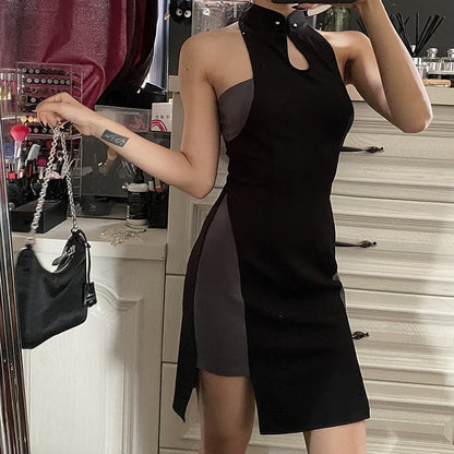 Futuristic Cyberpunk Stand Collar Sleeveless Irregualr Qi Dress