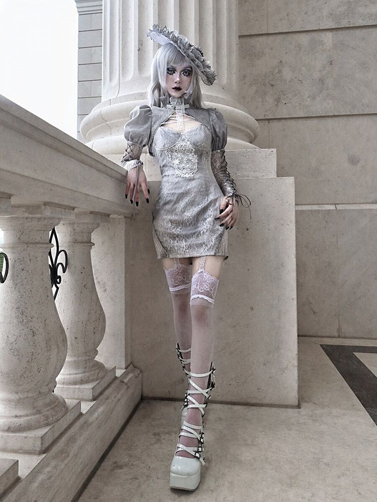 Clearance - Size M for Shoulders 32CM Rose Funeral Gothic Stand Collar Long Sleeves Cropped Jacket