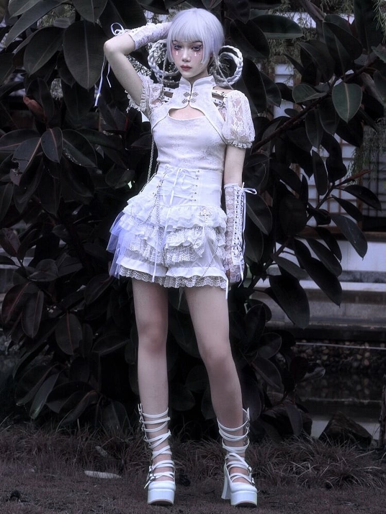 Clearance-Size M for Waist 72CM Gothic Punk Lace-up Lace Tiered Culottes