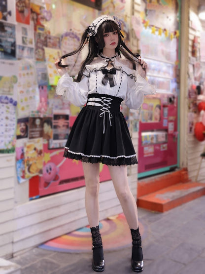 Jirai Kei Buckles and Lace-up High Waist Black Skirt US Size