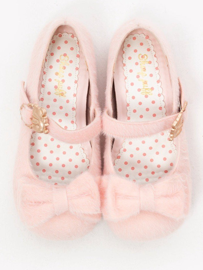 Plush Sweet Pink Flat Shoes for Lolita with Decorative Bow & Hugging Bear Clasps - Regular/Thicken Version