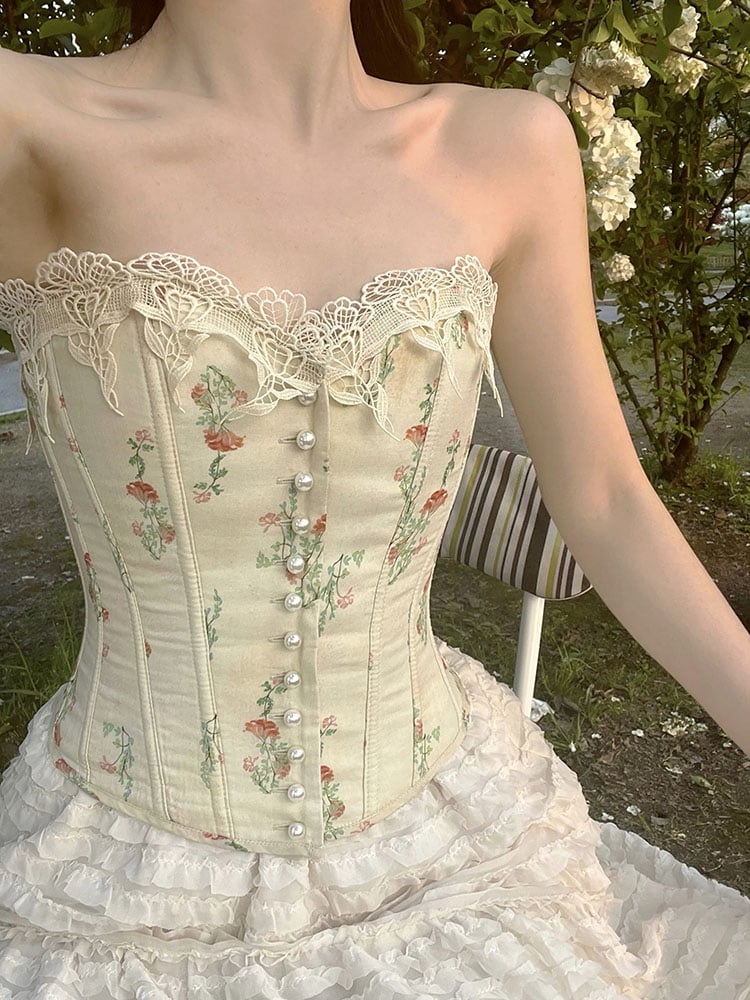 Apricot Floral Print Cotton Bustier Boned Corset Top