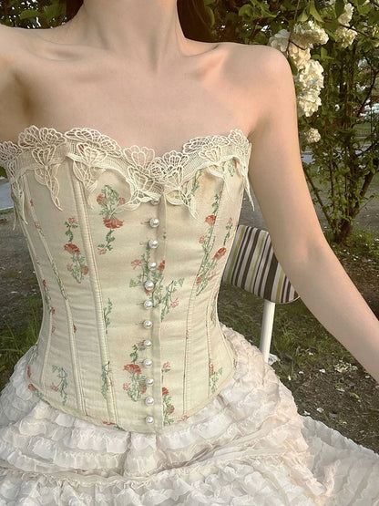 Apricot Floral Print Cotton Bustier Boned Corset Top