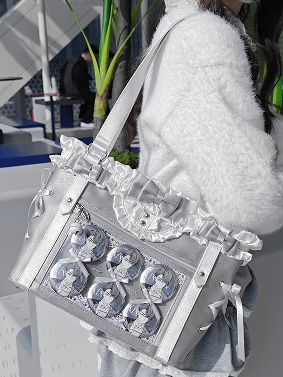 Silver&White Bowknot Details Ruffles Trim Lace-up Design Ita Bag