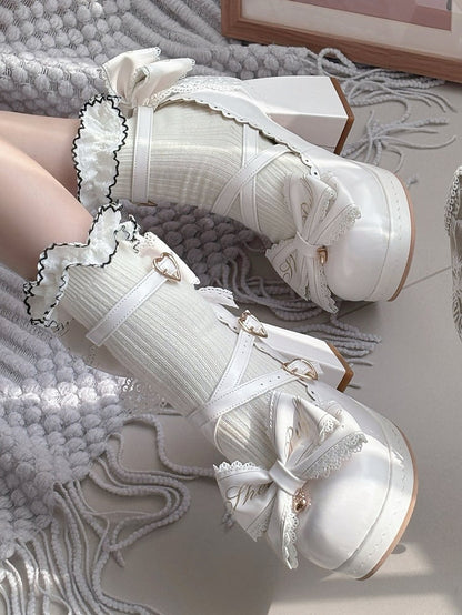 White Crisscross Design Heart Buckles Detachable Bow at Top High Block Heels