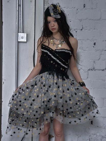 Baroque Bead Details Fringe Hem Black/White Crossover Design Strapless Top