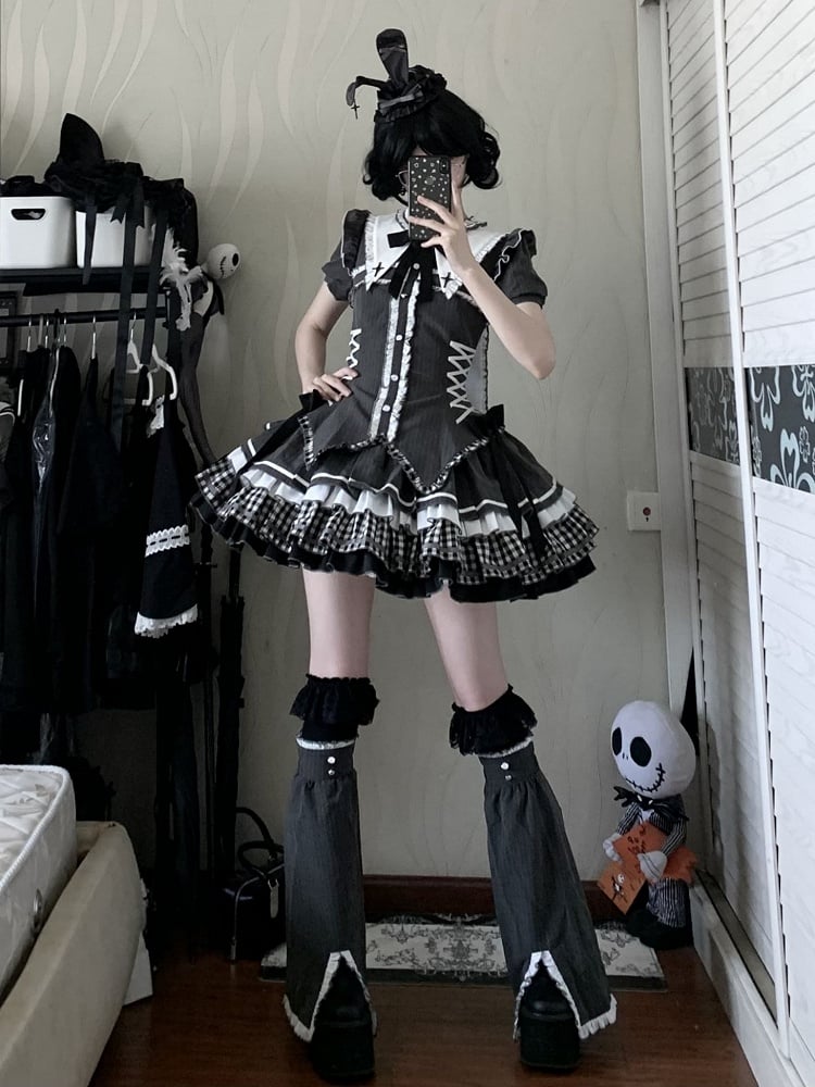 Dark Gray Gothic Lolita Short Sleeves Striped Dress with Bunny Ears at Back Collar