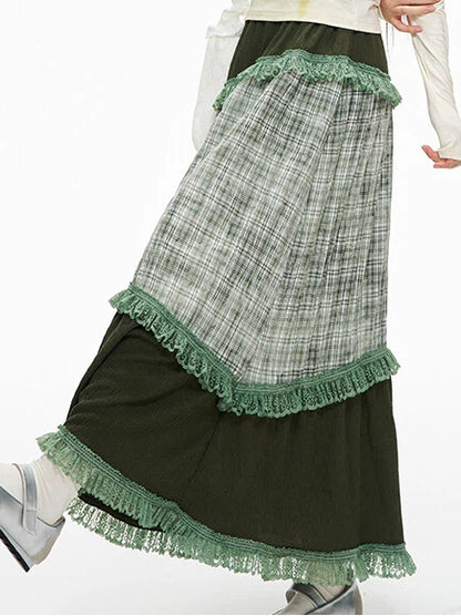 Serenity Sweety Green Plaid Patchwork Skirt with Lace Trim