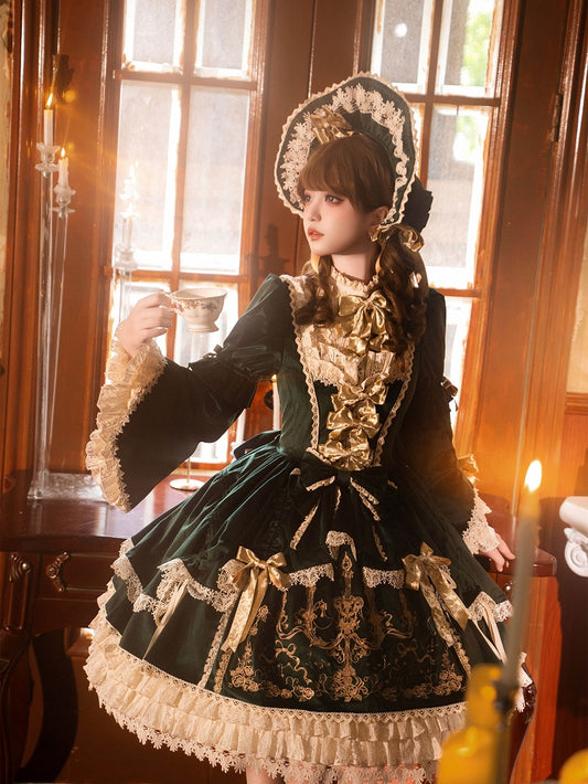 Candle and Candlestick Embroidery Green Bell Sleeves Velvet Dress Lolita OP / Set