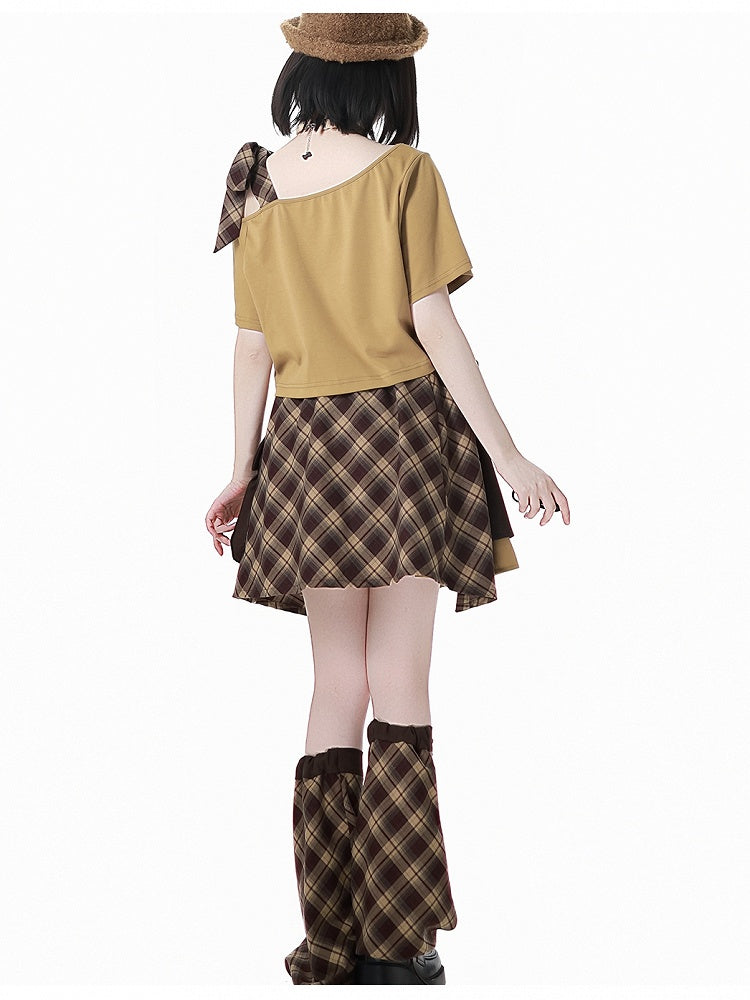 Brown Drawstring Cuffs Plaid Leg Warmers